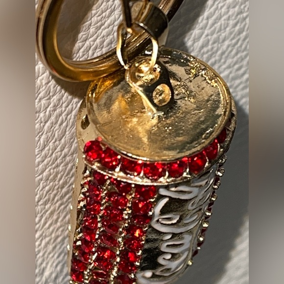 Bag Charm Coca Cola Can Keychain NEW Red Rhinestones Split Key Ring Soda Coke - Picture 2 of 8